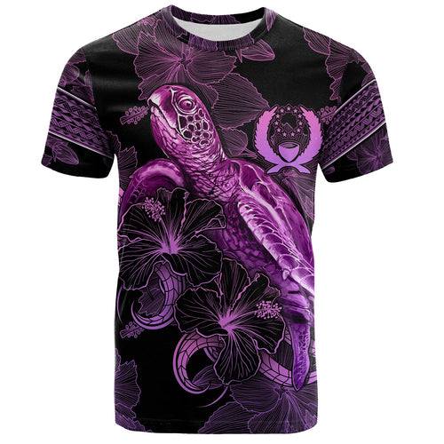 Pohnpei State T-Shirt Sea Turtle With Blooming Hibiscus Flowers Tribal Purple