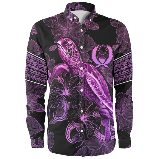 Pohnpei State Long Sleeve Shirt Sea Turtle With Blooming Hibiscus Flowers Tribal Purple
