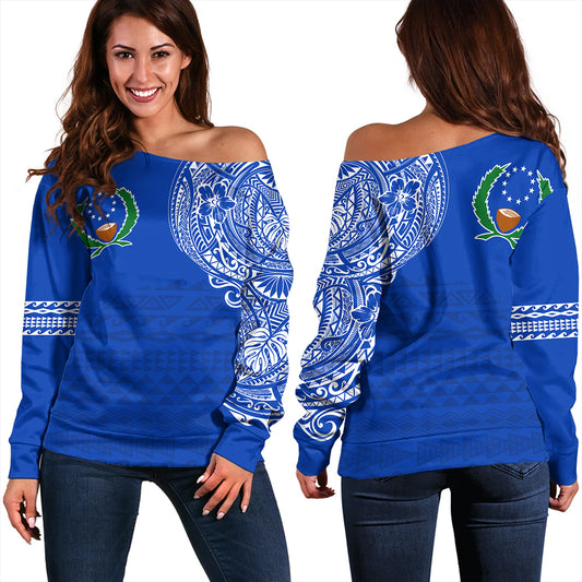 Pohnpei State Off Shoulder Sweatshirt Polynesian Flag With Coat Of Arms
