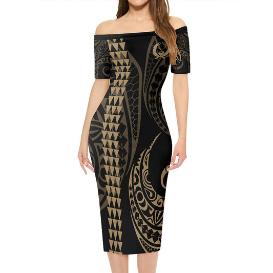 Pohnpei State Short Sleeve Off The Shoulder Lady Dress Kakau Style Gold