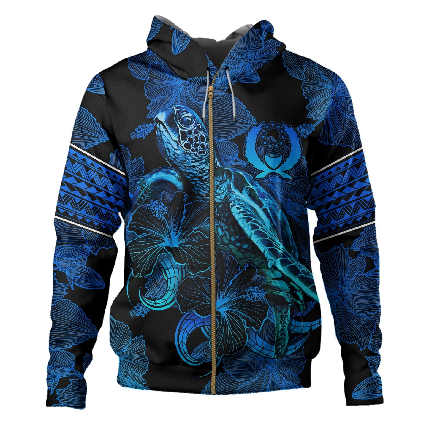 Pohnpei State Hoodie Sea Turtle With Blooming Hibiscus Flowers Tribal Blue