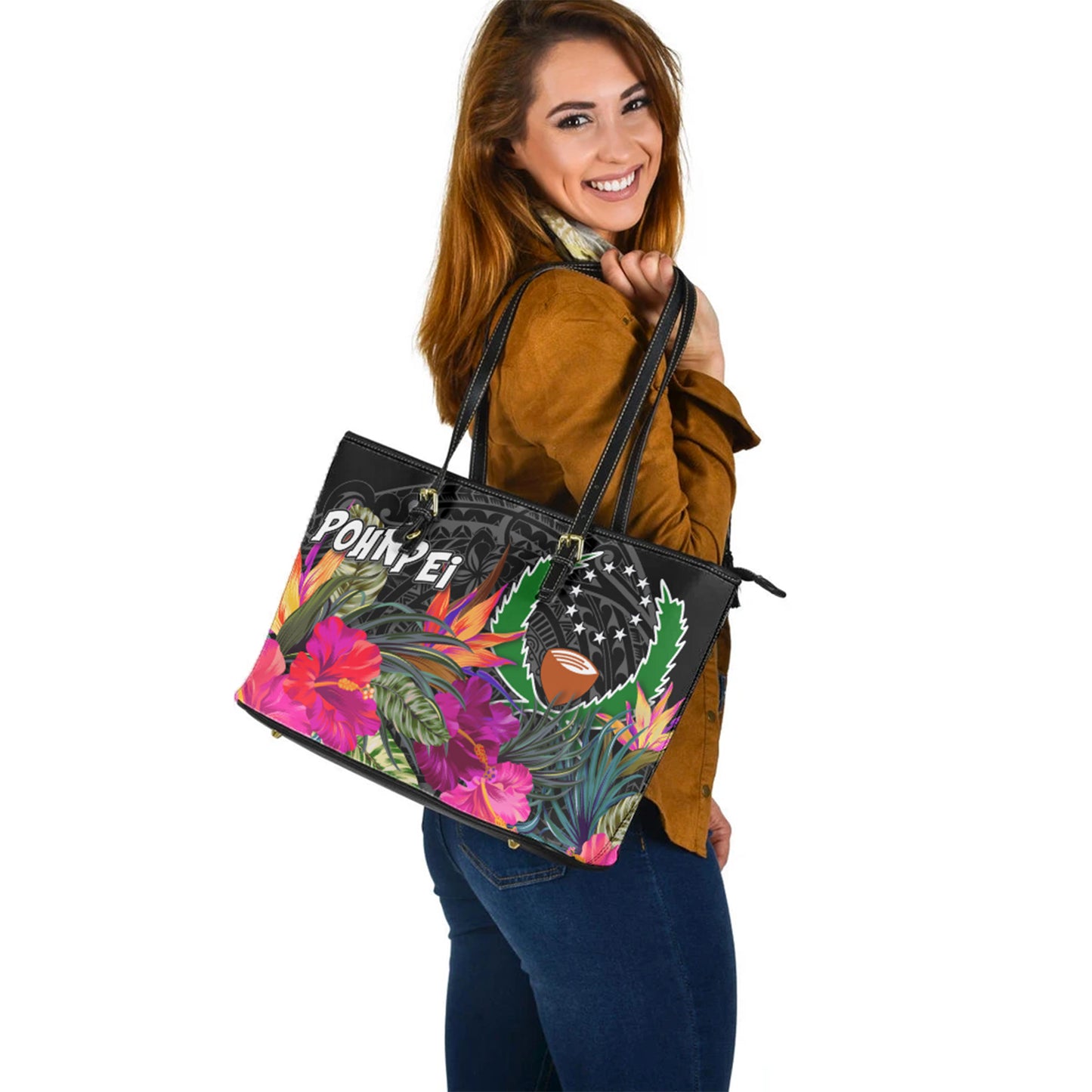 Pohnpei Custom Personalised Leather Tote Polynesian Hibiscus Pattern