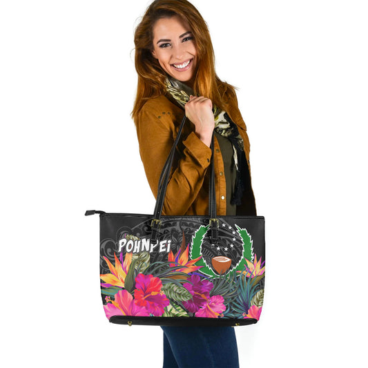 Pohnpei Custom Personalised Leather Tote Polynesian Hibiscus Pattern