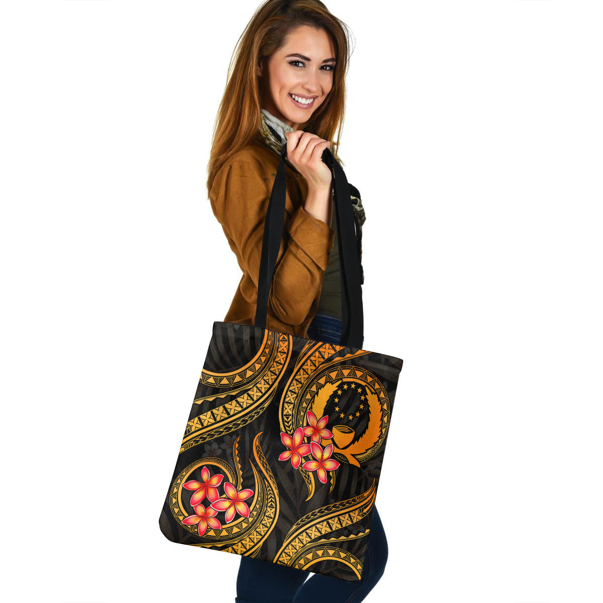Pohnpei Tote Bag Gold Polynesian Pattern Plumeria