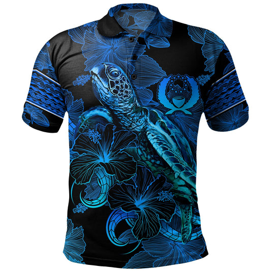 Pohnpei State Polo Shirt Sea Turtle With Blooming Hibiscus Flowers Tribal Blue