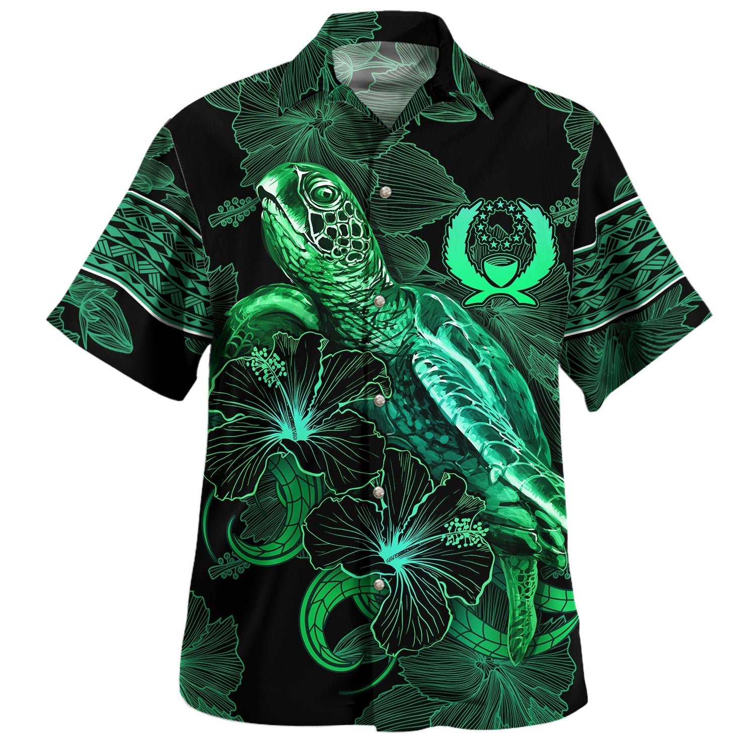 Yap State Hawaiian Shirt  Sea Turtle With Blooming Hibiscus Flowers Tribal Green
