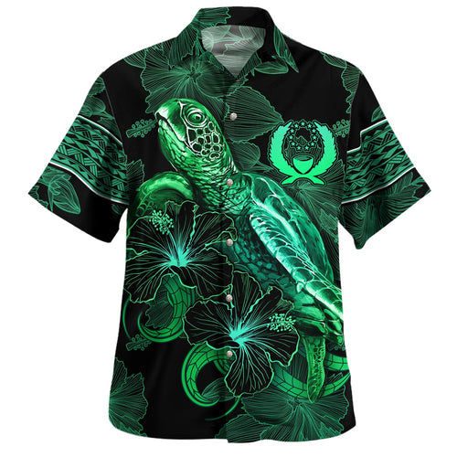 Yap State Hawaiian Shirt  Sea Turtle With Blooming Hibiscus Flowers Tribal Green