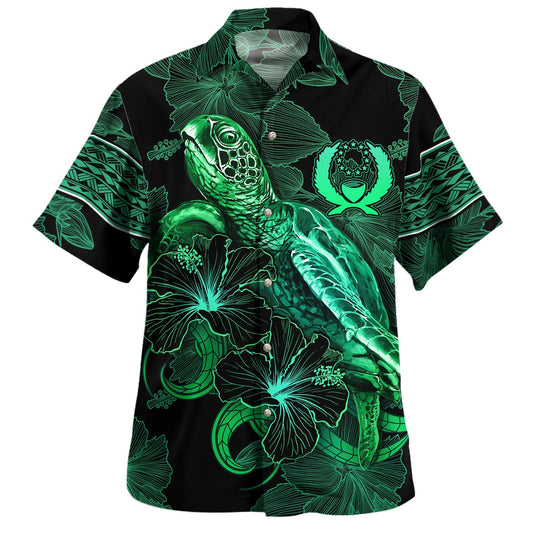 Yap State Hawaiian Shirt  Sea Turtle With Blooming Hibiscus Flowers Tribal Green