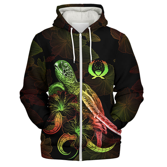 Pohnpei State Sherpa Hoodie Sea Turtle With Blooming Hibiscus Flowers Reggae