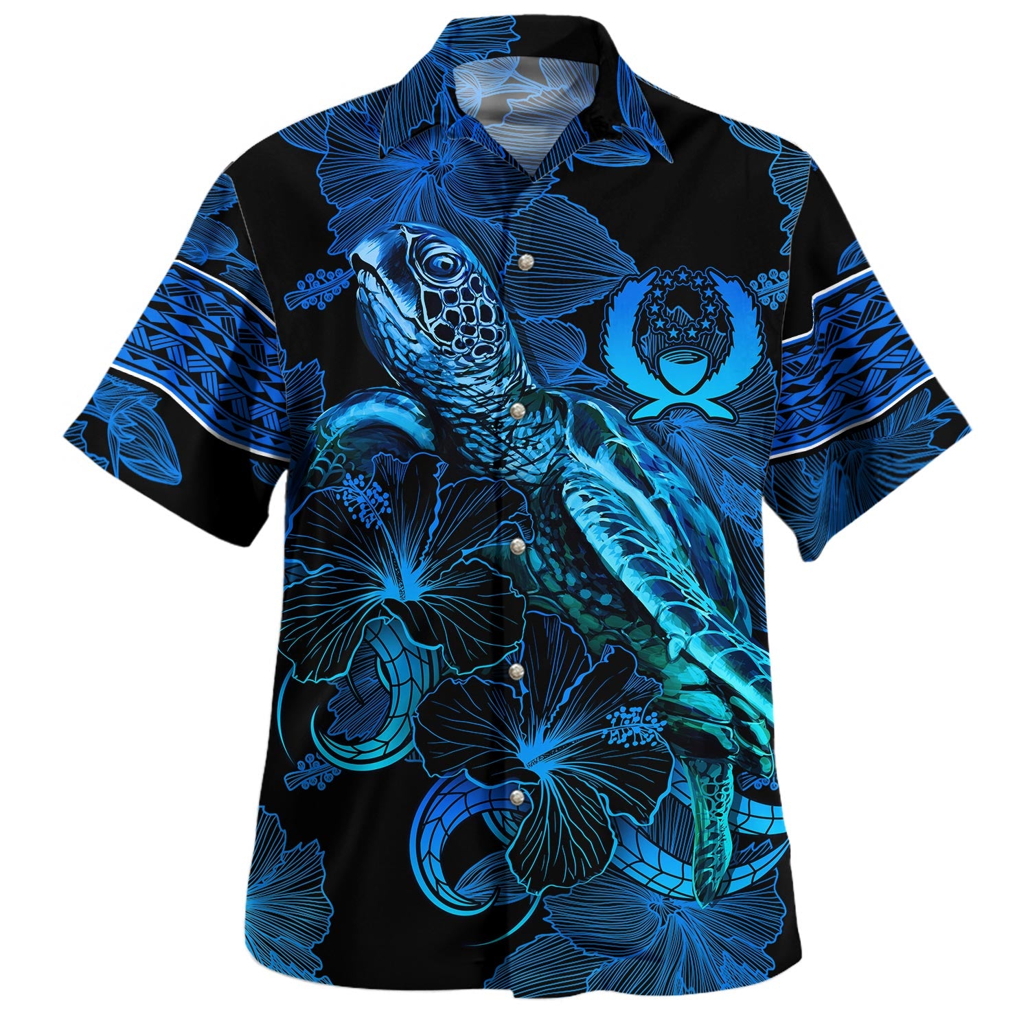 Yap State Hawaiian Shirt Sea Turtle With Blooming Hibiscus Flowers Tribal Blue