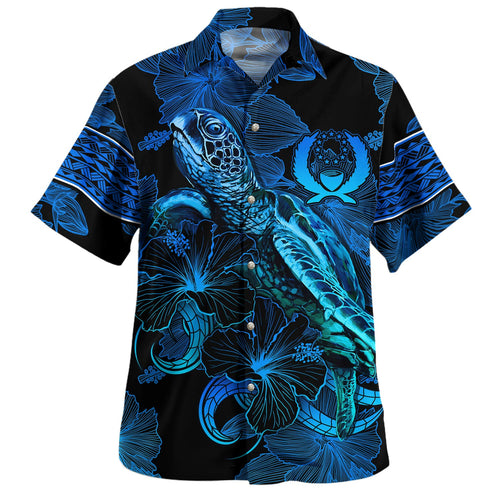 Yap State Hawaiian Shirt Sea Turtle With Blooming Hibiscus Flowers Tribal Blue