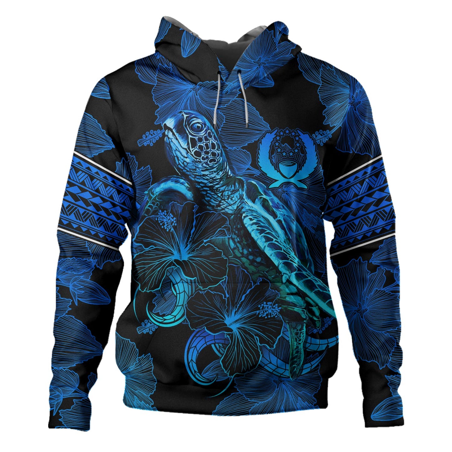 Pohnpei State Hoodie Sea Turtle With Blooming Hibiscus Flowers Tribal Blue