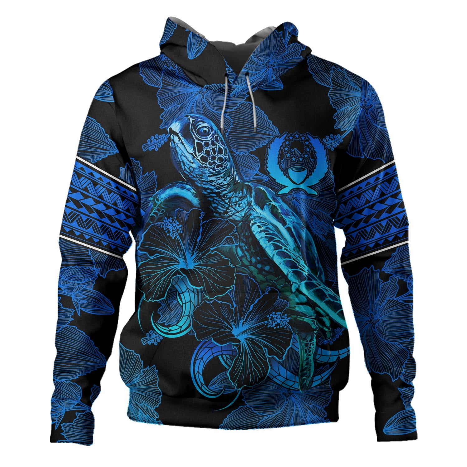 Pohnpei State Hoodie Sea Turtle With Blooming Hibiscus Flowers Tribal Blue
