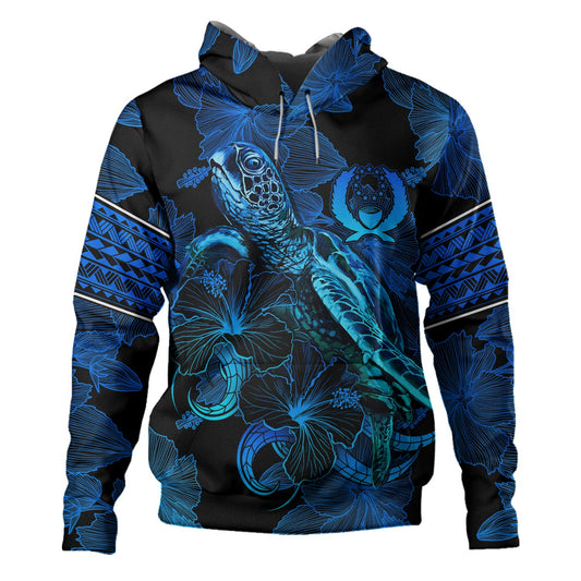 Pohnpei State Hoodie Sea Turtle With Blooming Hibiscus Flowers Tribal Blue