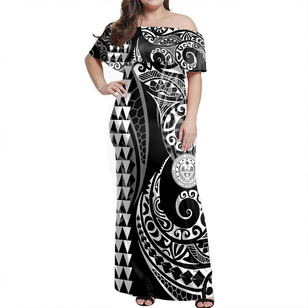 Pohnpei State Woman Off Shoulder Long Dress Coat Of Arms Kakau Style White