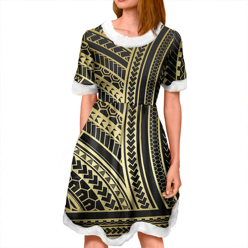 Hawaii Women and Kid Christmas Dress Polynesia Pattern Gold