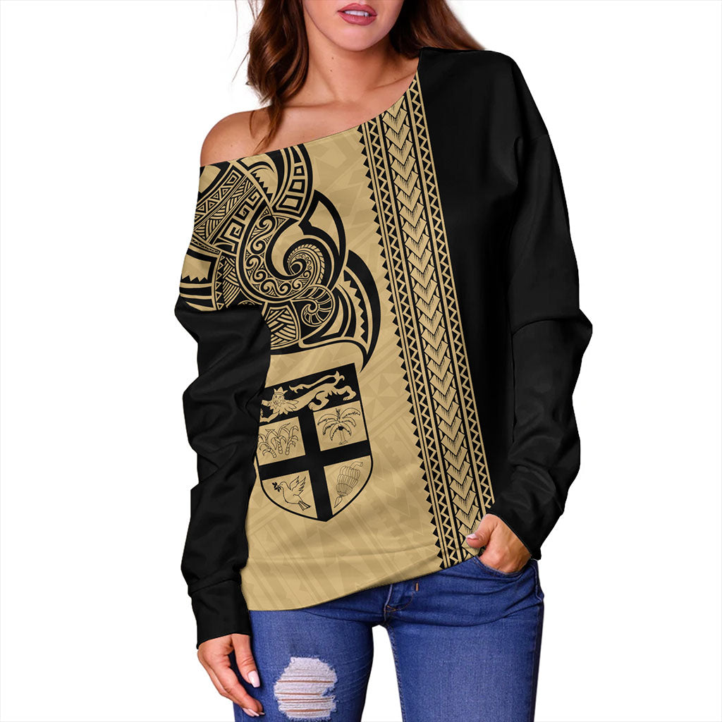 Fiji Off Shoulder Sweatshirt Polynesia Tribal Tattoo Gold