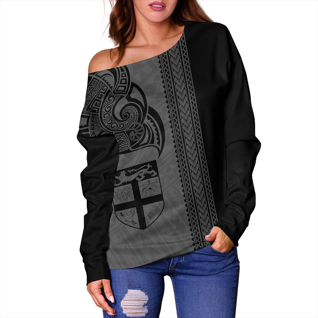 Fiji Off Shoulder Sweatshirt Polynesia Tribal Tattoo Grey