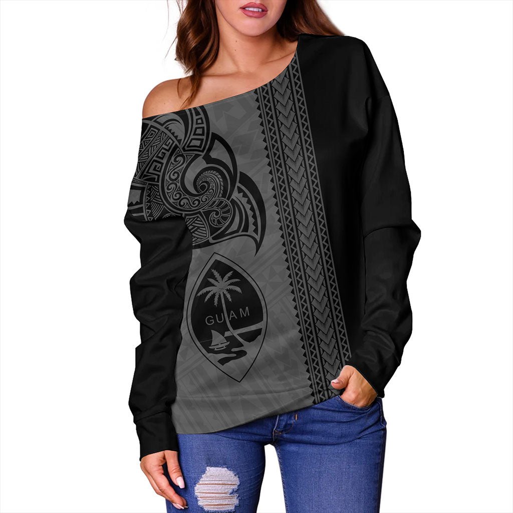 Guam Off Shoulder Sweatshirt Polynesia Tribal Tattoo Grey