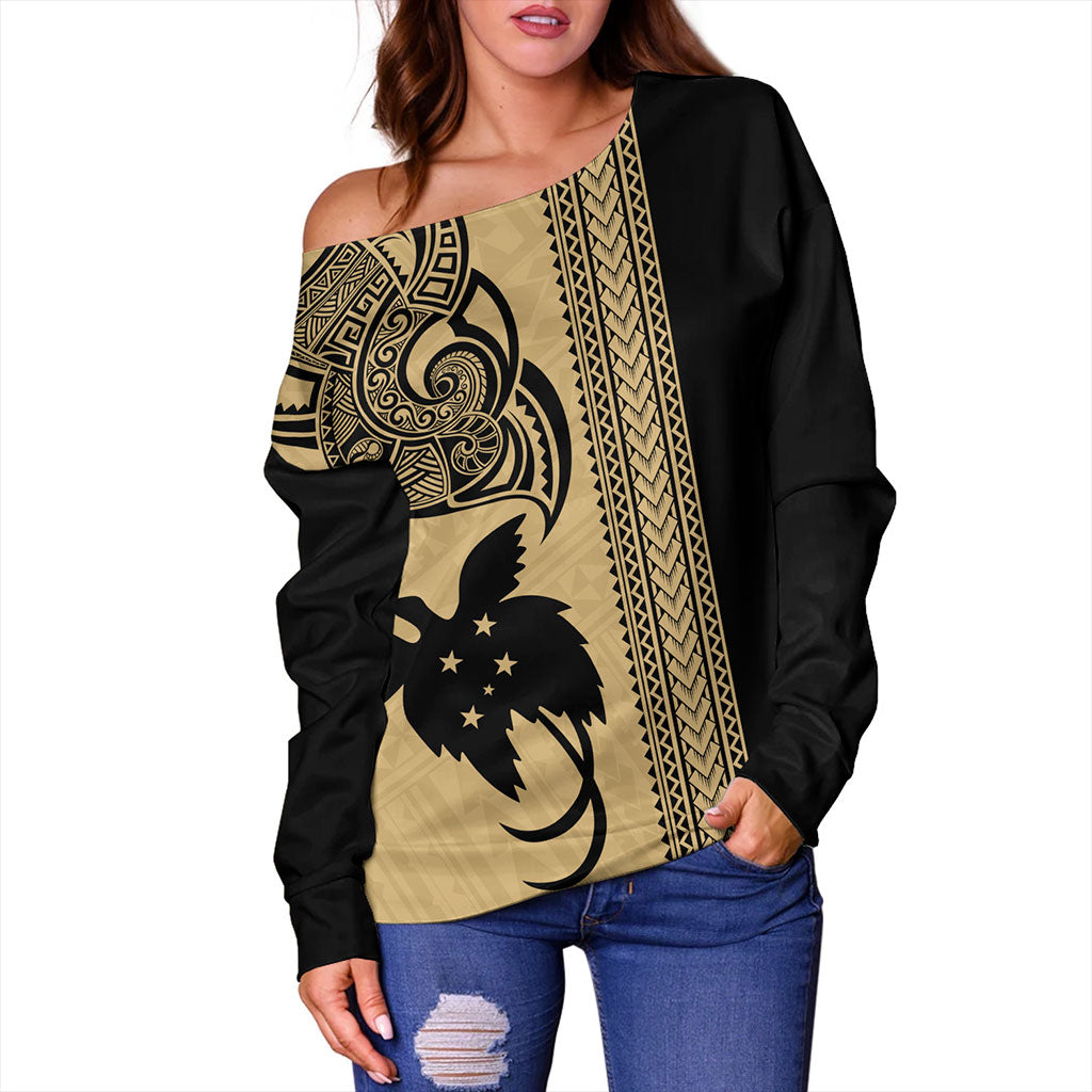 Papua New Guinea Off Shoulder Sweatshirt Tribal Tattoo PNG Gold