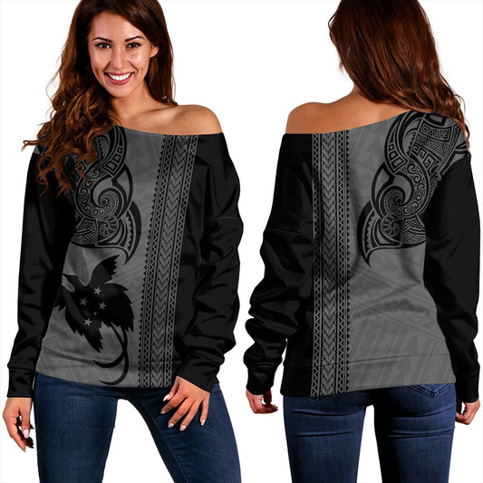 Papua New Guinea Off Shoulder Sweatshirt Tribal Tattoo PNG Gray
