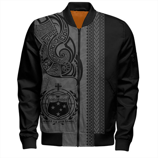 Samoa Bomber Jacket Polynesia Tribal Tattoo Grey