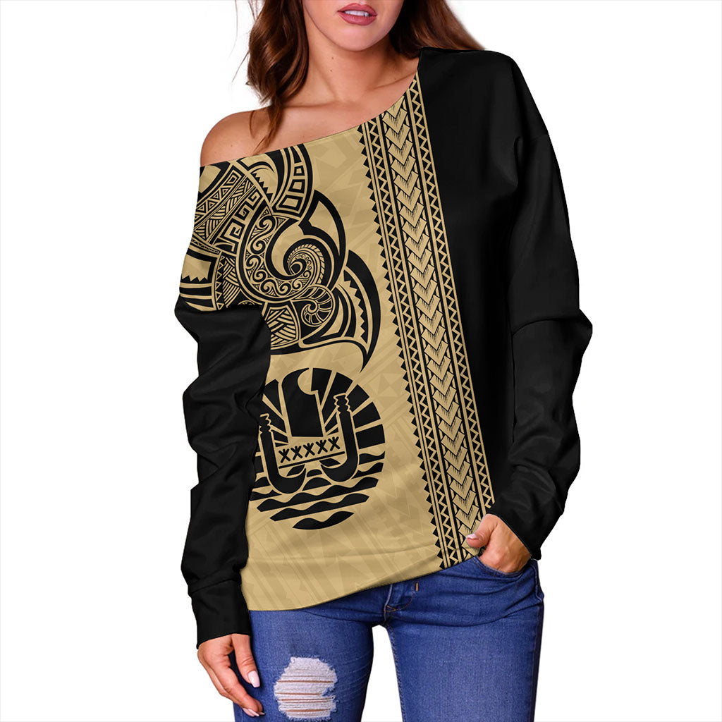 Tahiti Off Shoulder Sweatshirt French Polynesia Tribal Tattoo