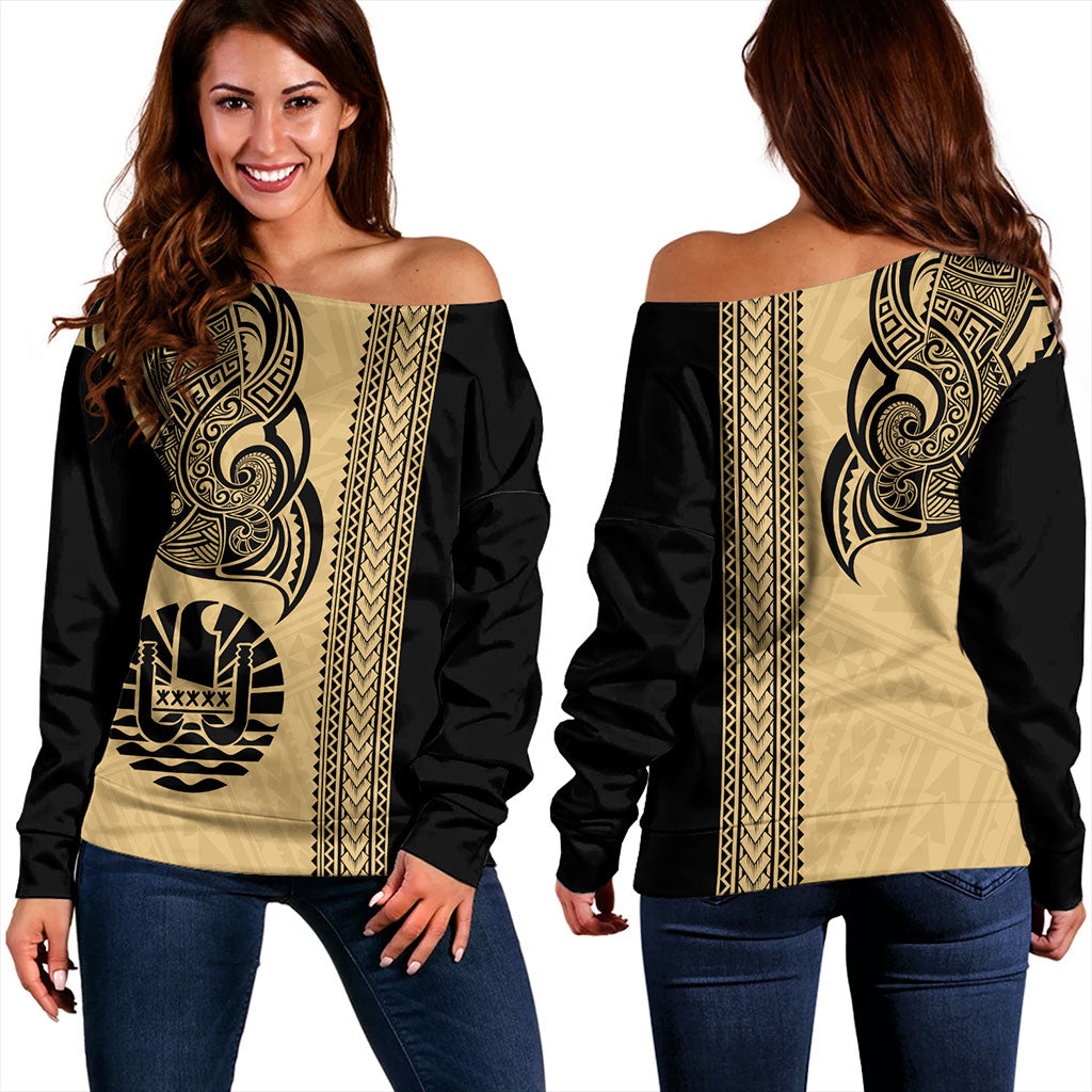 Tahiti Off Shoulder Sweatshirt French Polynesia Tribal Tattoo