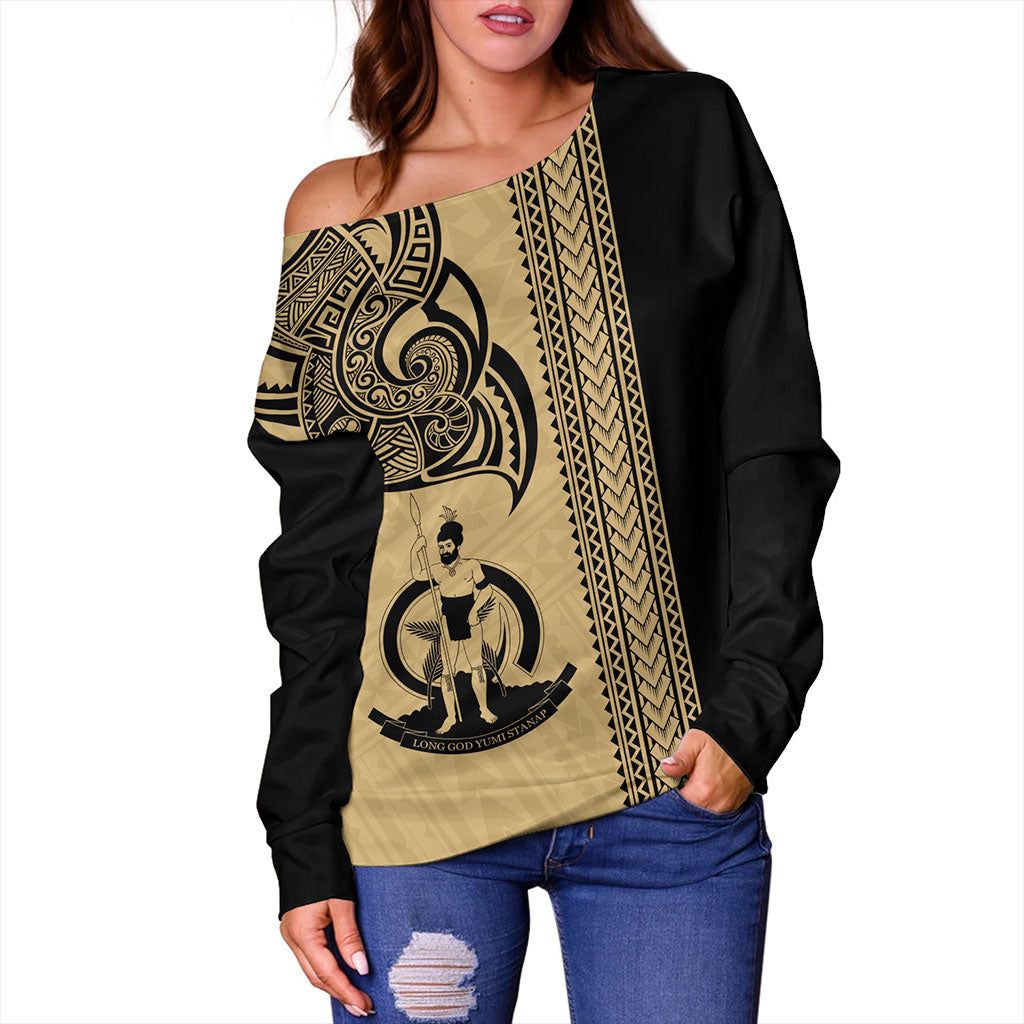 Vanuatu Off Shoulder Sweatshirt Polynesia Tribal Tattoo Gold