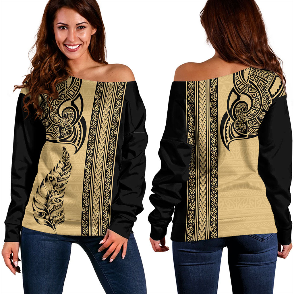 New Zealand Off Shoulder Sweatshirt Maori Tribal Silver Fern Tattoo