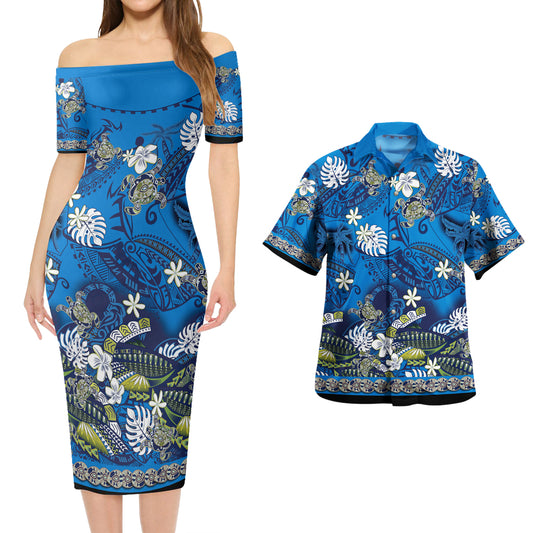 Hawaii Combo Short Sleeve Dress And Shirt Polynesia Floral And Tribal Islands Blue