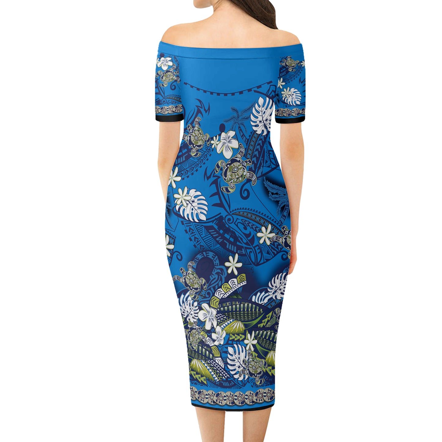 Hawaii Combo Short Sleeve Dress And Shirt Polynesia Floral And Tribal Islands Blue