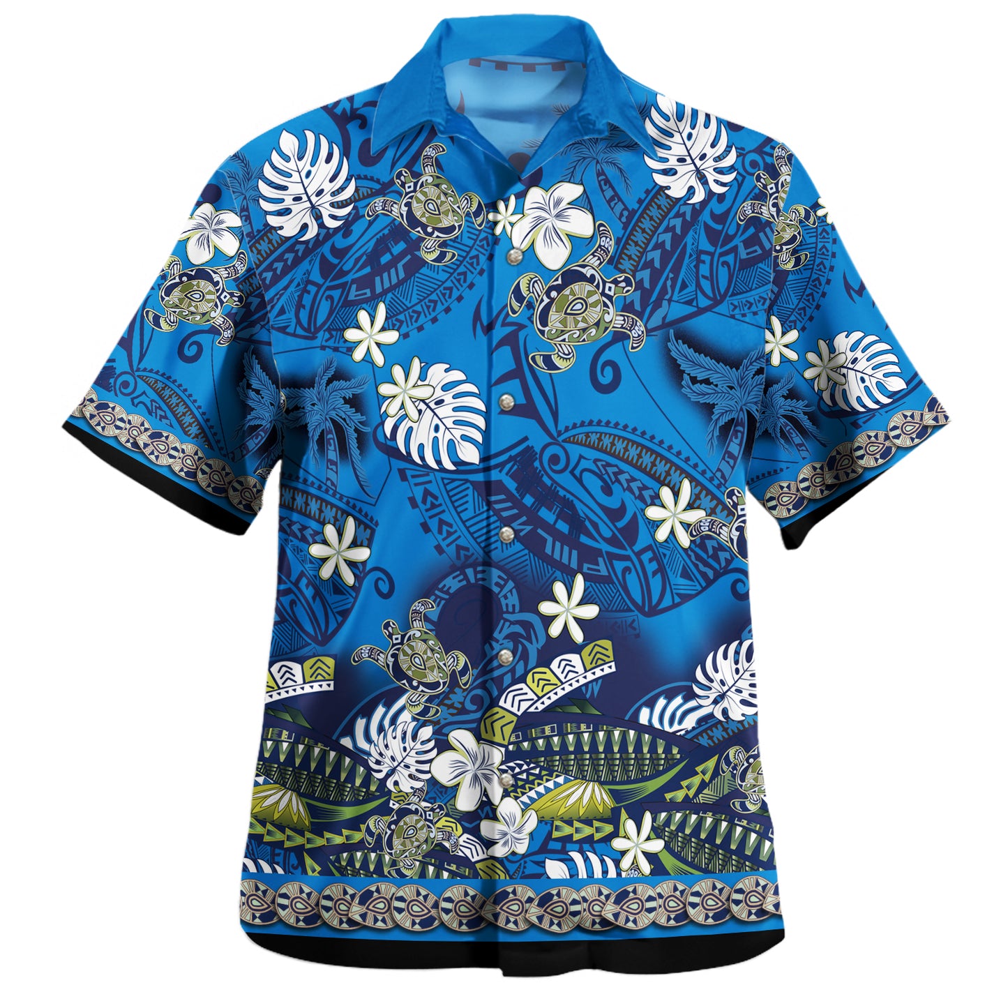 Hawaii Combo Off Shoulder Long Dress And Shirt Polynesia Floral And Tribal Islands Blue