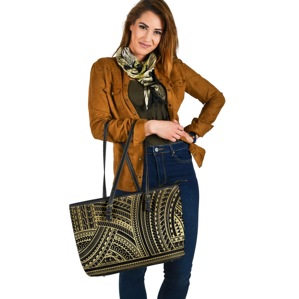Polynesia Leather Tote Bag Pattern Tattoo Gold