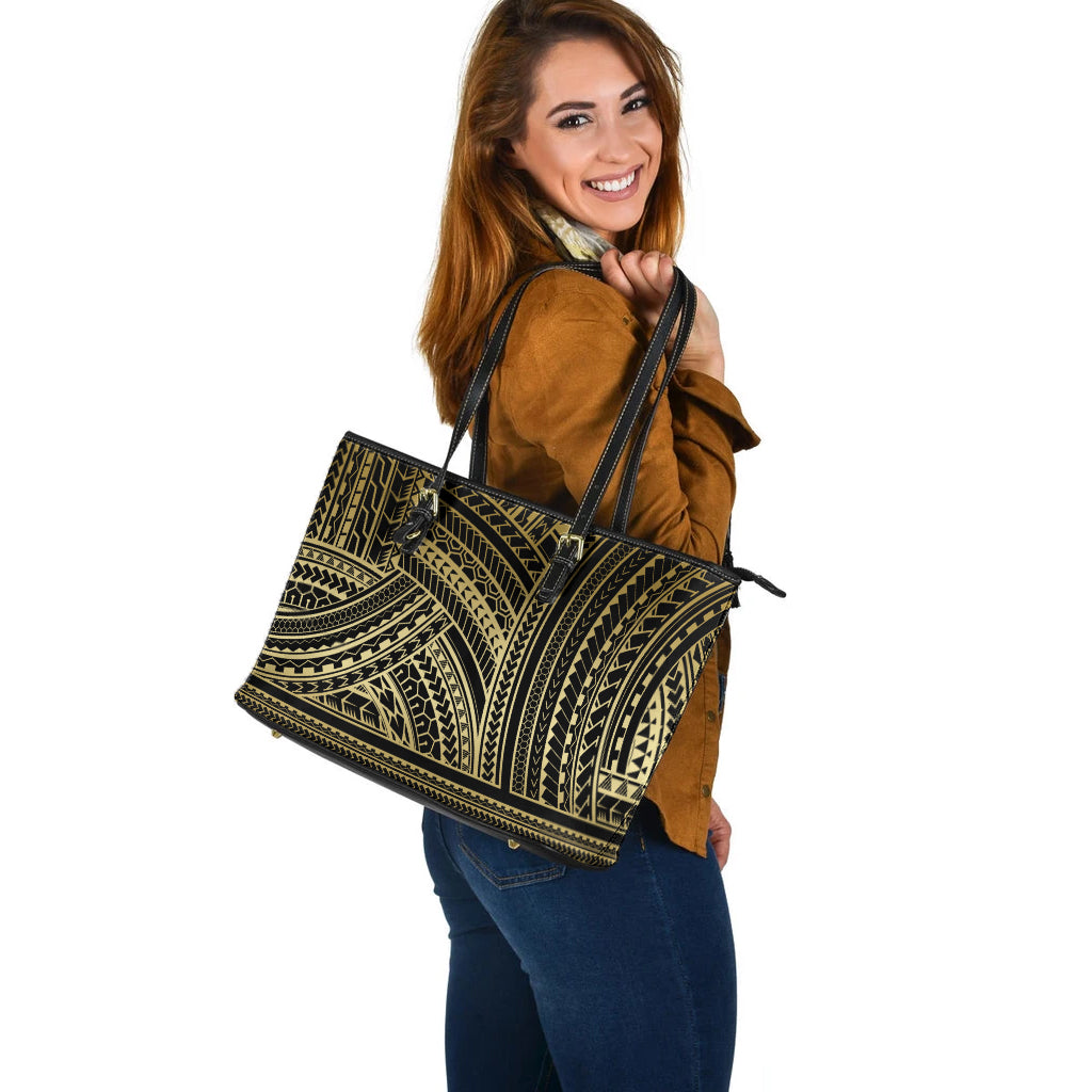 Polynesia Leather Tote Bag Pattern Tattoo Gold