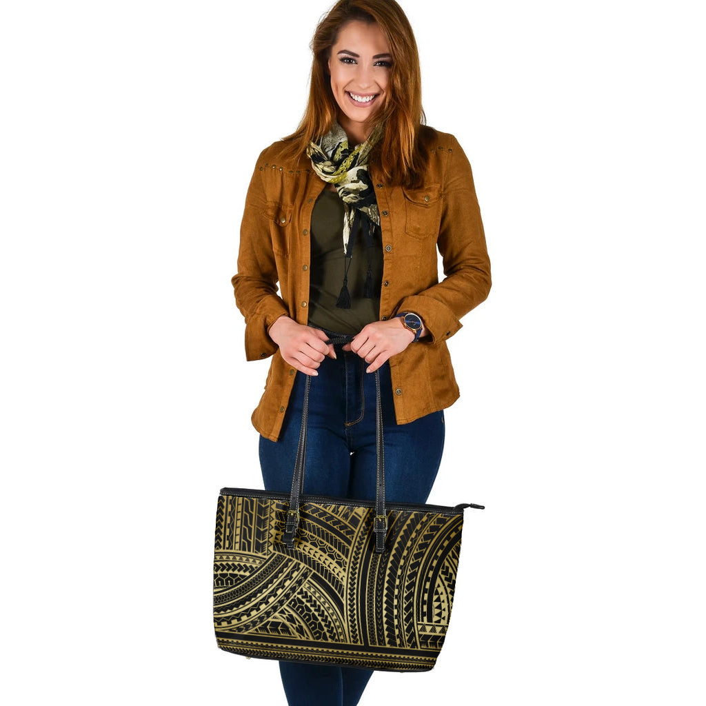 Polynesia Leather Tote Bag Pattern Tattoo Gold