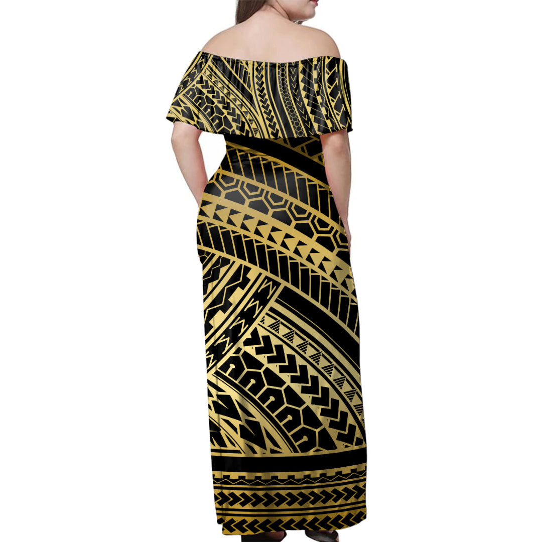 Polynesian Woman Off Shoulder Long Dress Pattern Tattoo Gold