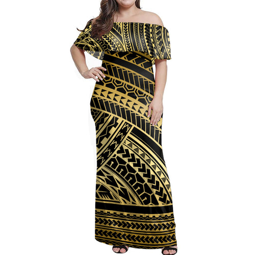 Polynesian Woman Off Shoulder Long Dress Pattern Tattoo Gold