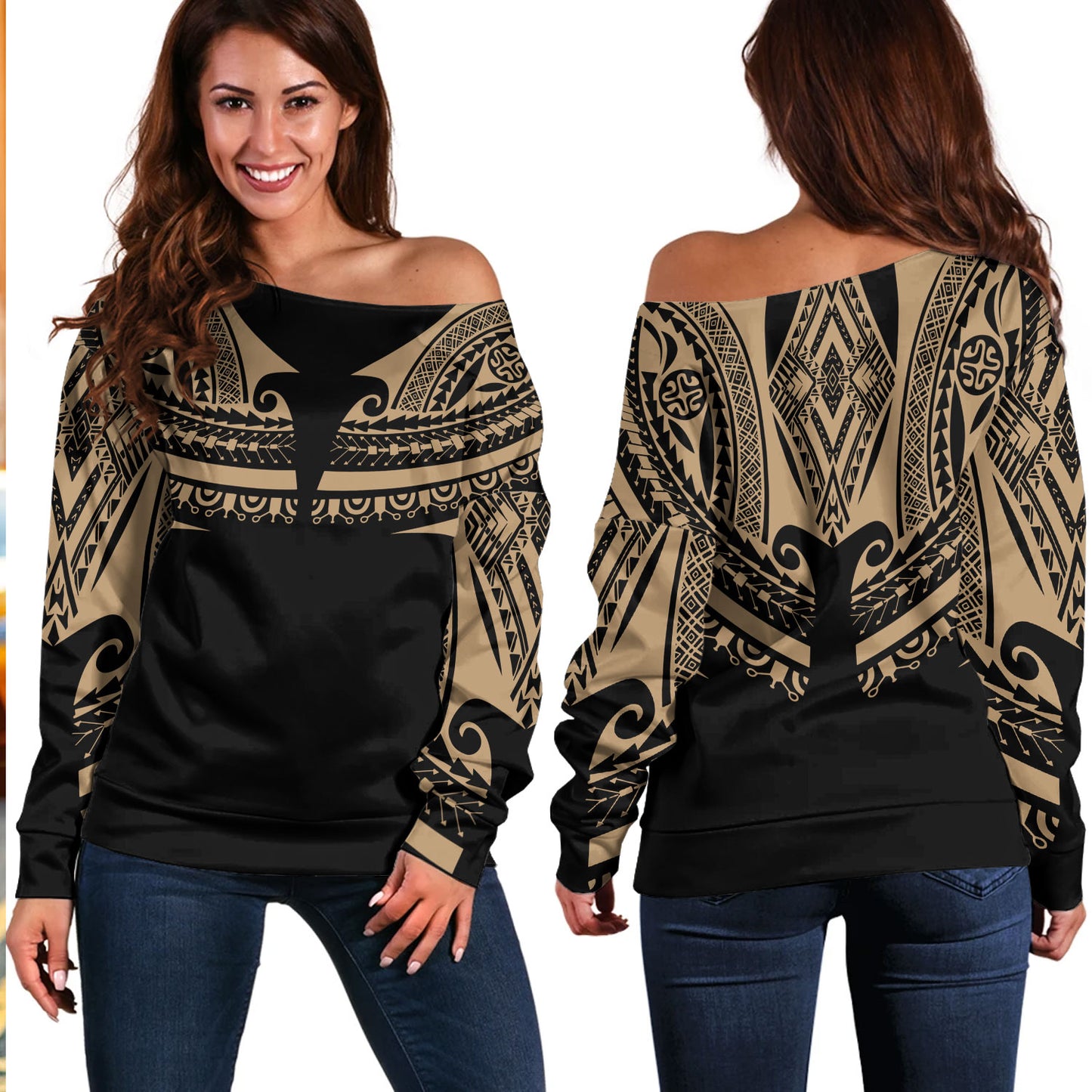 Polynesian Custom Personalised Off Shoulder Sweatshirt Polynesian Tattoo Style