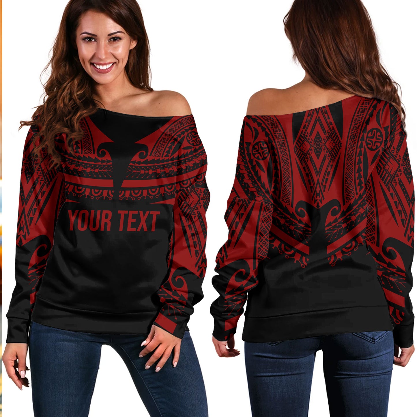 Polynesian Custom Personalised Off Shoulder Sweatshirt Polynesian Tattoo Style