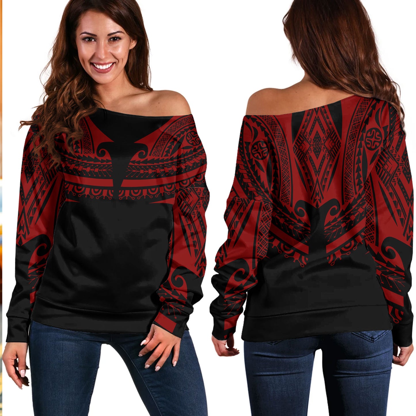 Polynesian Custom Personalised Off Shoulder Sweatshirt Polynesian Tattoo Style