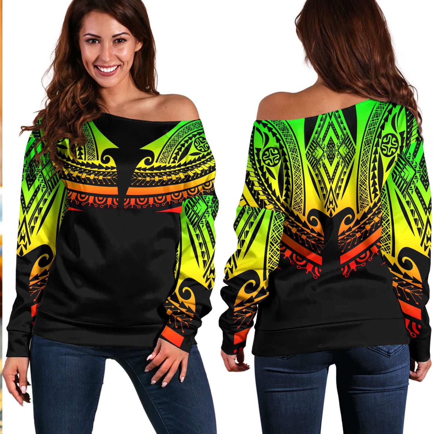 Polynesian Custom Personalised Off Shoulder Sweatshirt Polynesian Tattoo Style