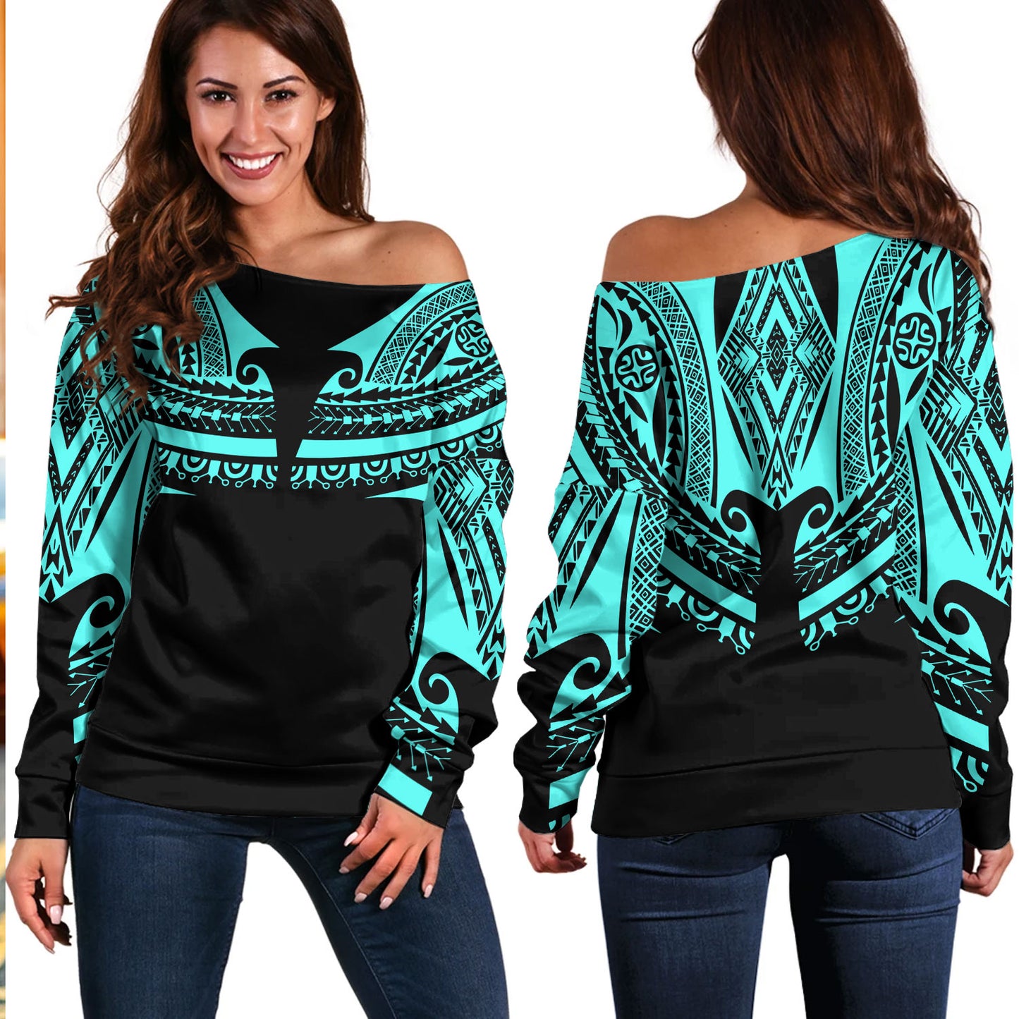 Polynesian Custom Personalised Off Shoulder Sweatshirt Polynesian Tattoo Style