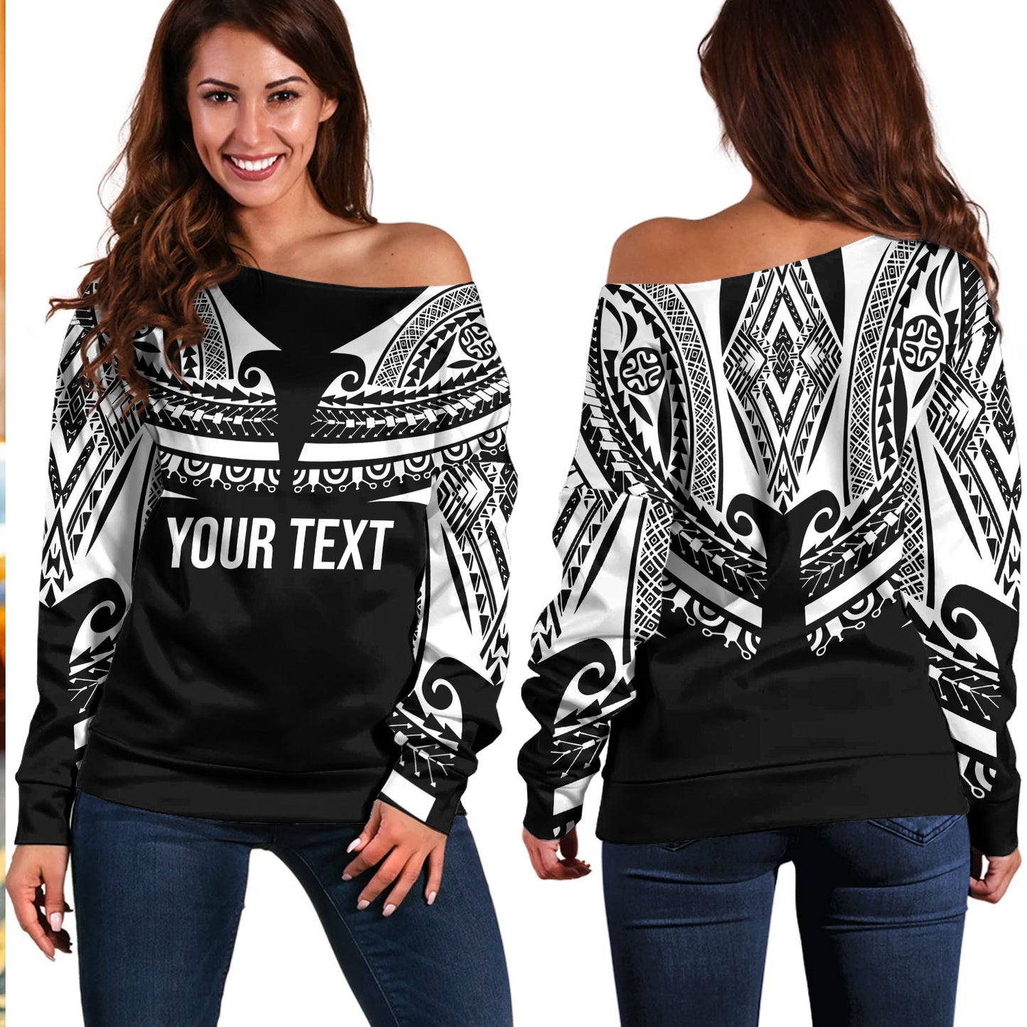 Polynesian Custom Personalised Off Shoulder Sweatshirt Polynesian Tattoo Style