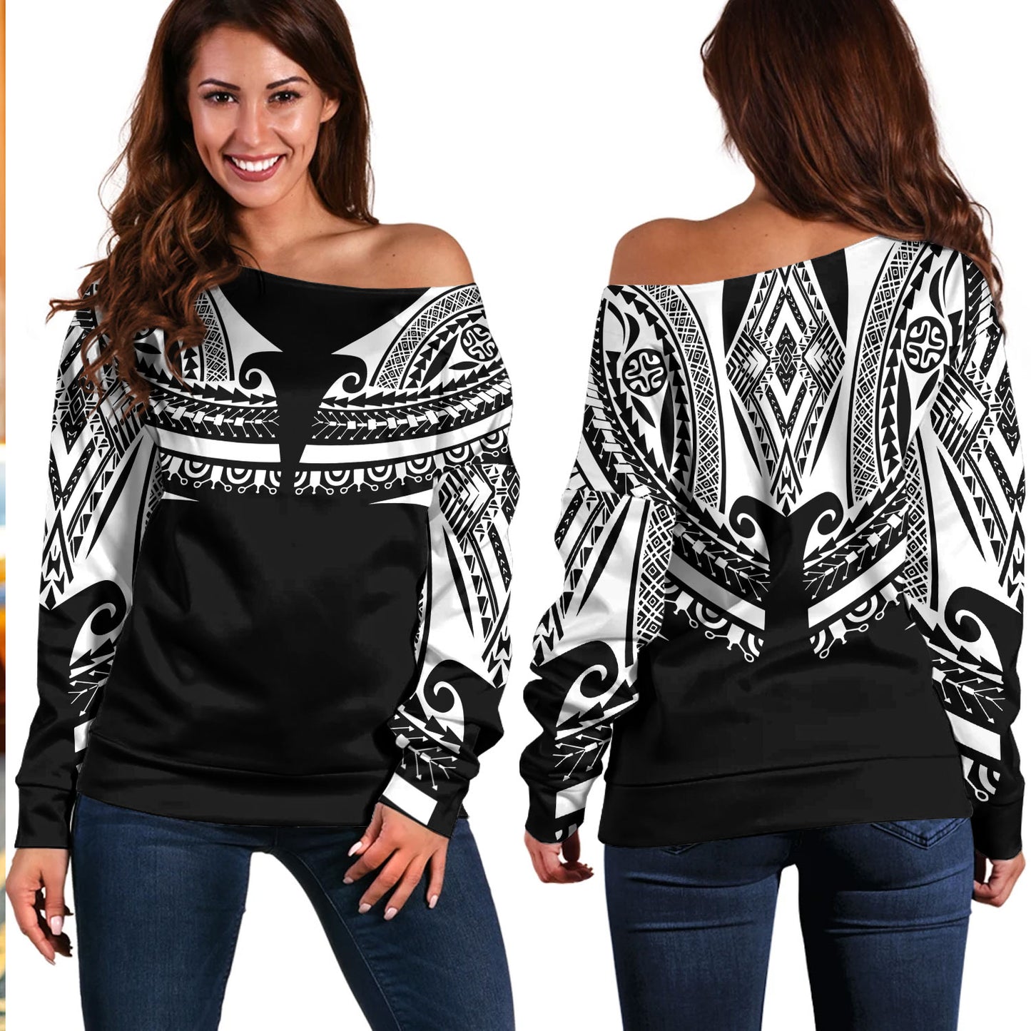 Polynesian Custom Personalised Off Shoulder Sweatshirt Polynesian Tattoo Style