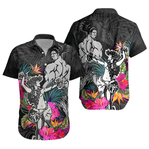 Hawaii Short Sleeve Shirt Hawaiian Girl And Warrior With Tropical Flowers