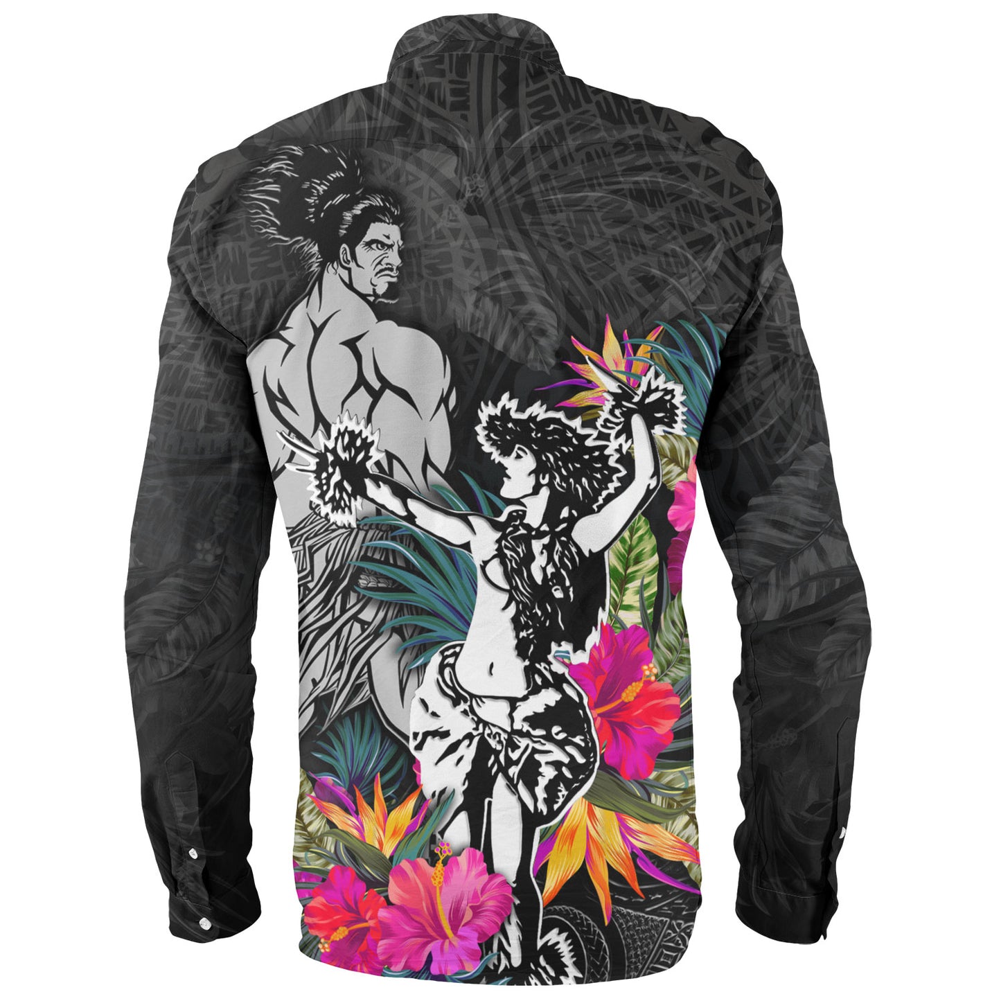 Hawaii Long Sleeve Shirt Hawaiian Girl And Warrior With Tropical Flowers