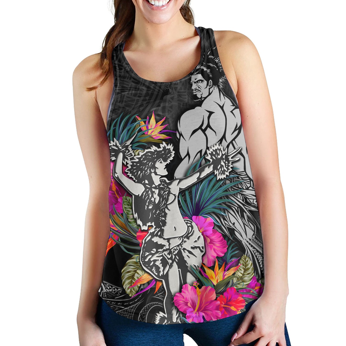 Hawaii Women Tank Hawaiian Girl And Warrior With Tropical Flowers