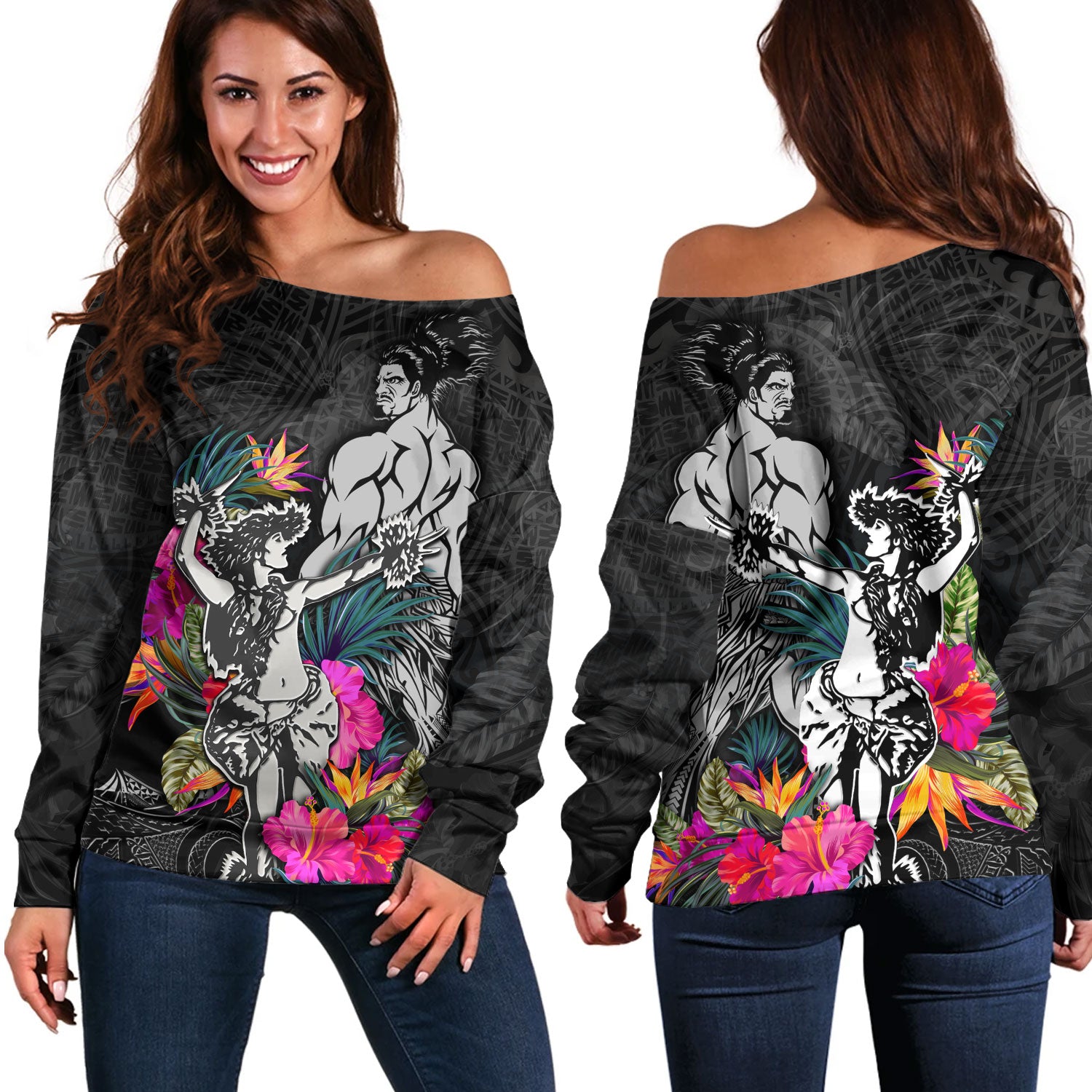 Hawaii Off Shoulder Sweatshirt Hawaiian Girl And Warrior With Tropical Flowers