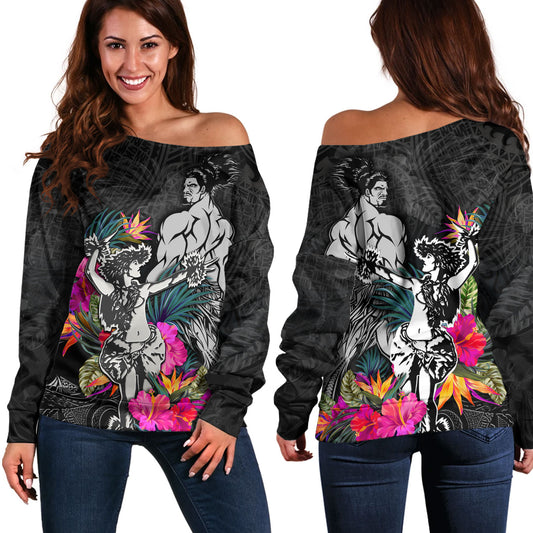 Hawaii Off Shoulder Sweatshirt Hawaiian Girl And Warrior With Tropical Flowers